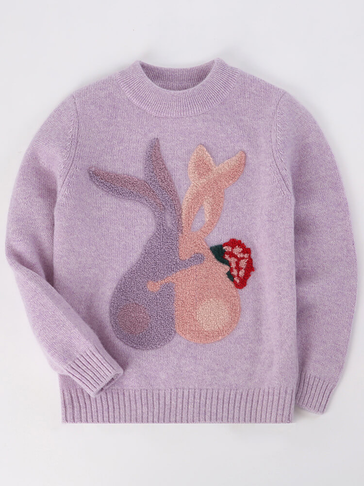 Girls Purple Cashmere Crewneck Pullover Sweater with Fuzzy Bunny